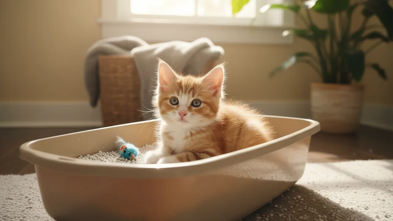Kitten sitzt in einer offenen Katzentoilette und lernt die Benutzung