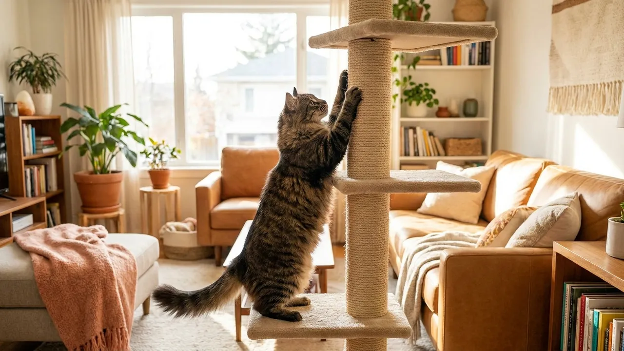 Katze klettert und kratzt an einem hohen Sisal-Kratzbaum im Wohnzimmer