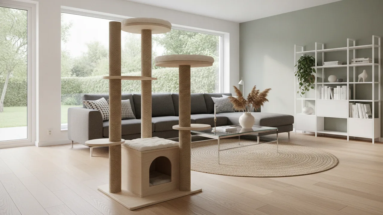 Moderner mehrstufiger Kratzbaum mit Sisalstämmen in einem hellen Wohnzimmer