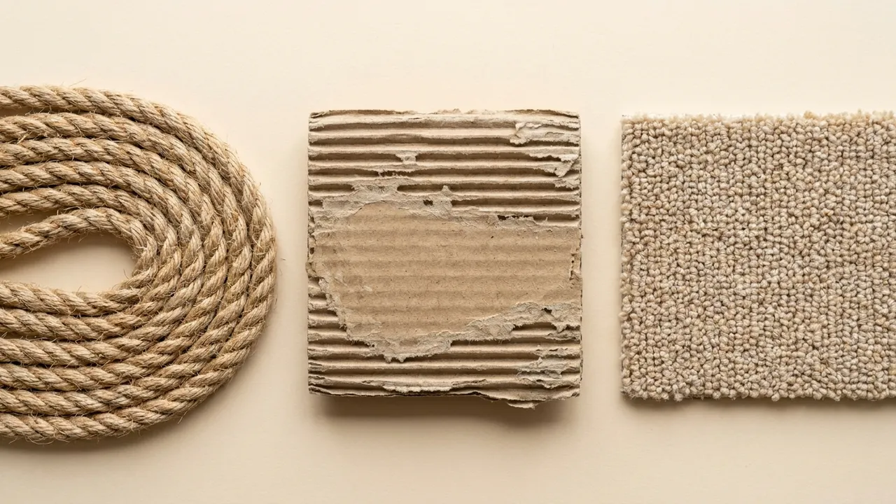 Verschiedene Kratzmaterialien für Katzen im Vergleich: Sisal, Pappe, Teppich