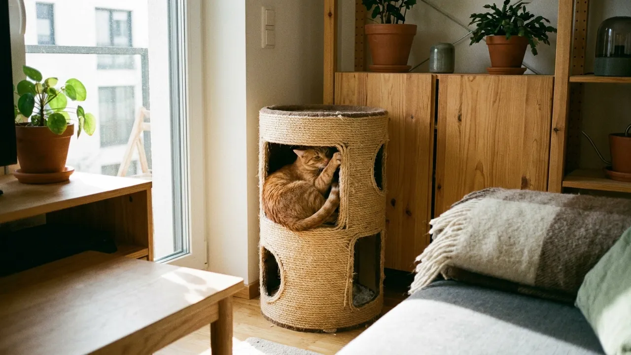 Katze kratzt an einer kompakten Sisal-Kratztonne in einer kleinen Wohnung