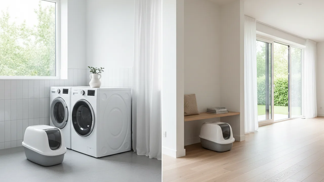 Zwei Katzentoiletten an verschiedenen Orten in einer hellen Wohnung