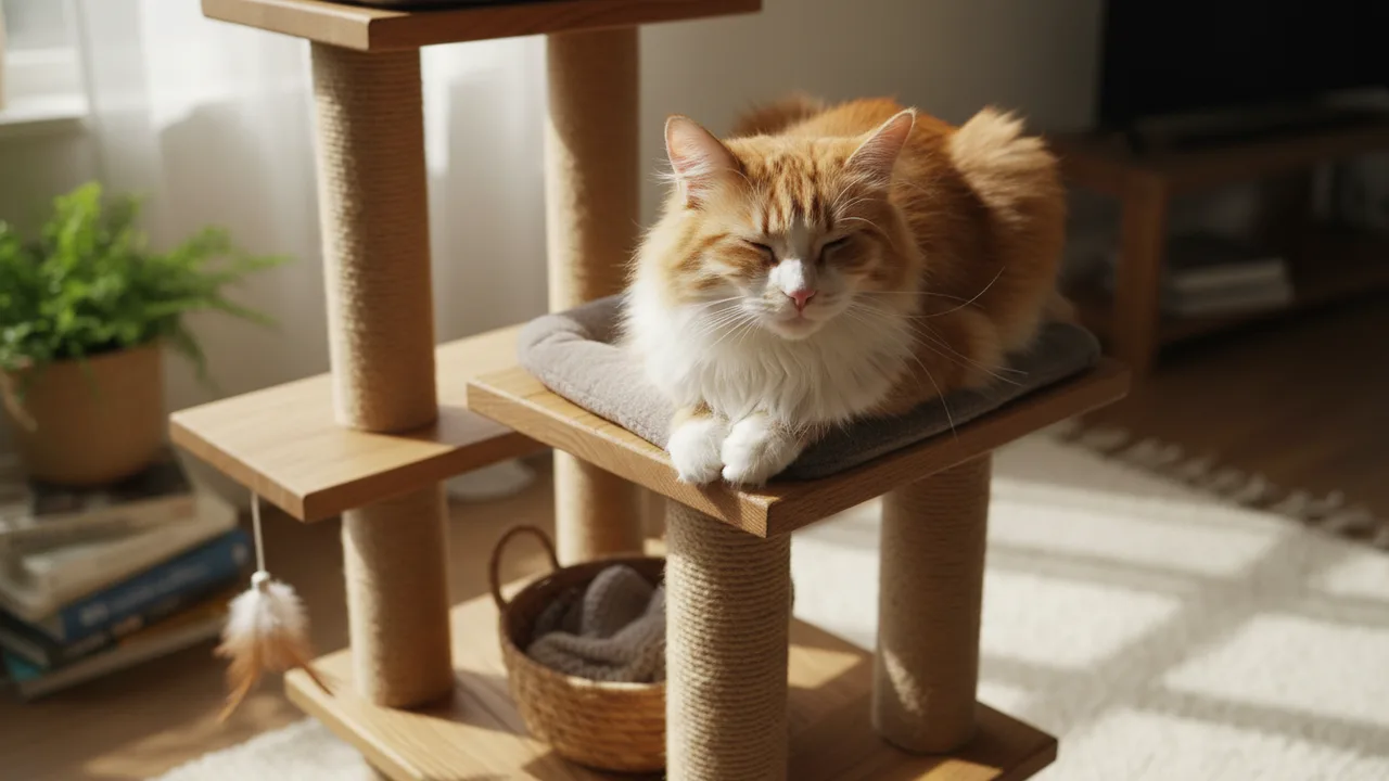 Selbstgebauter Holz-Kratzbaum mit Sisalstamm und einer Katze darauf