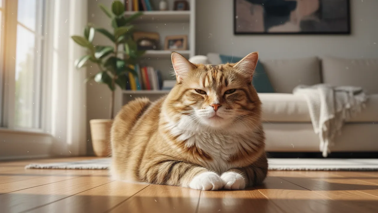 Übergewichtige, rundliche Katze sitzt im Wohnzimmer