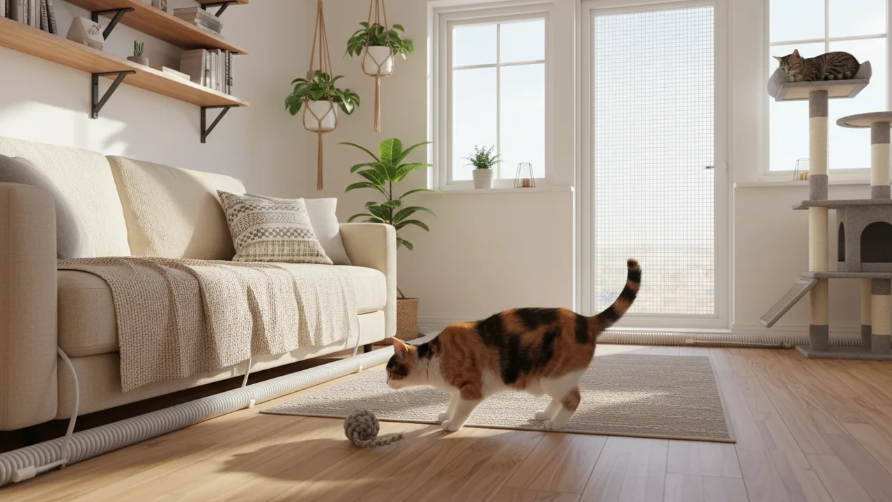 Katze erkundet sicher ein aufgeräumtes, katzensicheres Wohnzimmer